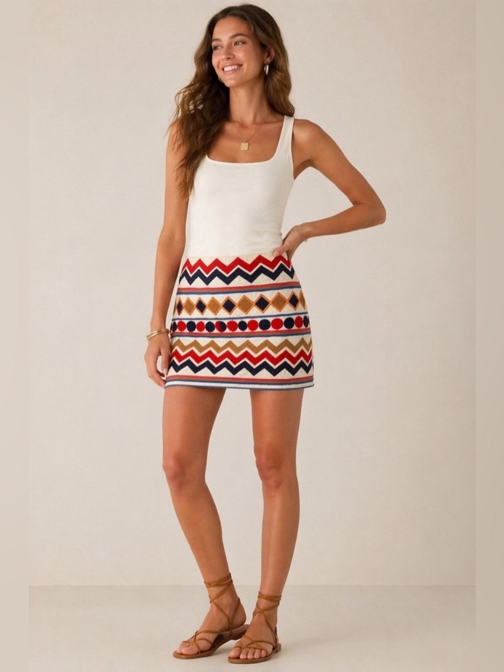 THML Embroidered Linen Blend Mini Skirt Geometric Boho Women’s S
